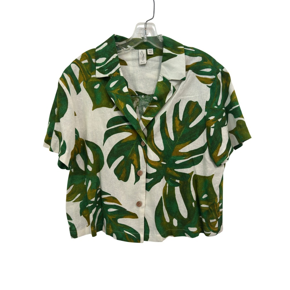 Joie Camp Shirt Green White Monstera Tropical Print Linen Coastal Size M